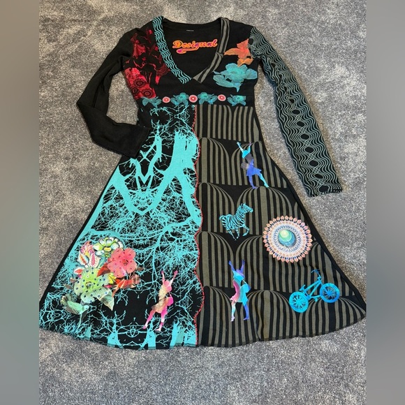 Desigual Black and Teal Artistic Long Sleeve V Neck Dress Women Small - Picture 2 of 7